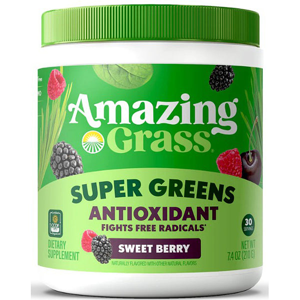 Container of Amazing Grass Super Greens Sweet Berry supplement on a white background