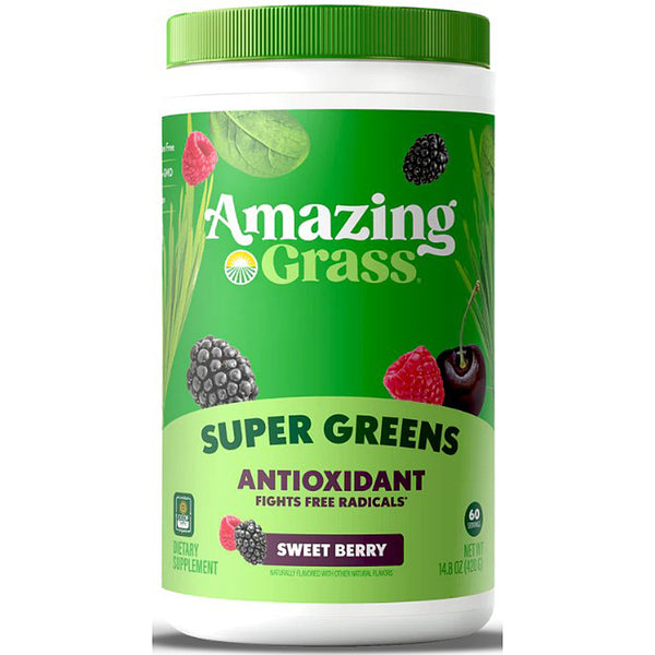 Amazing Grass Super Greens supplement container with green lid and label on a white background