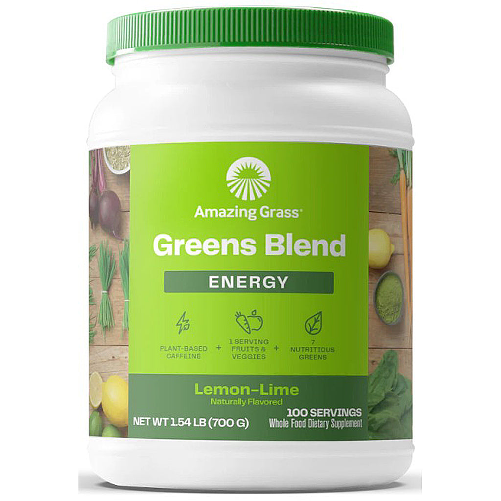 Container of Amazing Grass Greens Blend Energy supplement with lemon-lime flavor on a white background