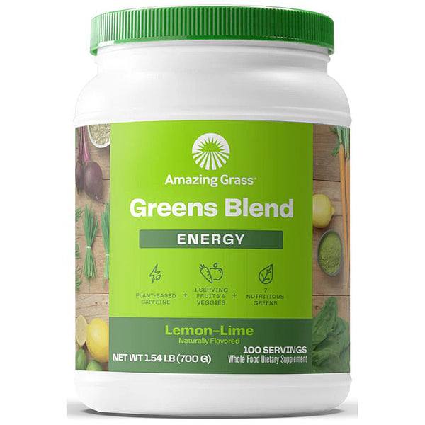 Container of Amazing Grass Greens Blend Energy supplement with lemon-lime flavor on a white background