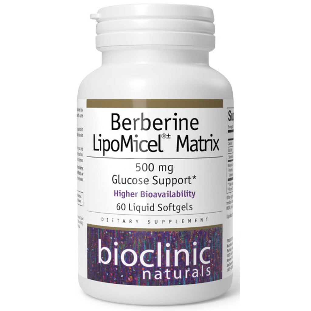 A bottle of Bioclinic Naturals Berberine LipoMicel Matrix, with 60 liquid softgels inside, intended for dietary supplement purposes.