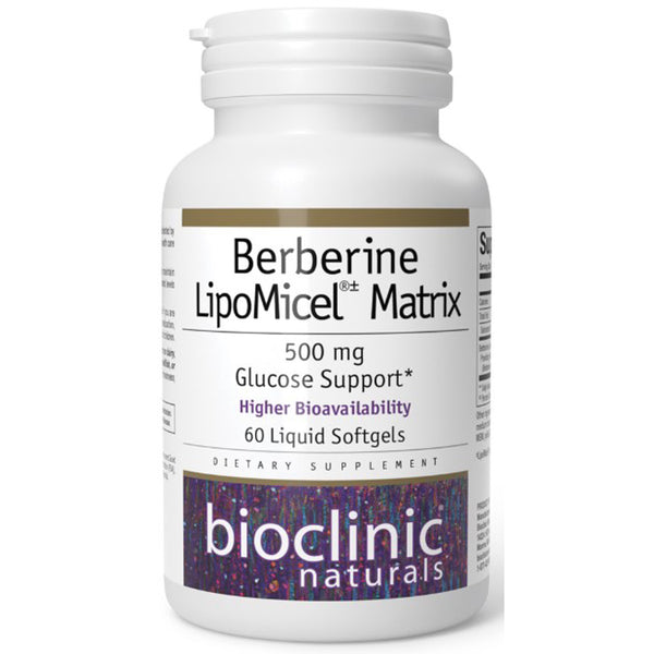 A bottle of Bioclinic Naturals Berberine LipoMicel Matrix, with 60 liquid softgels inside, intended for dietary supplement purposes.
