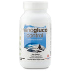Bottle of nanogluco control supplement on a white background