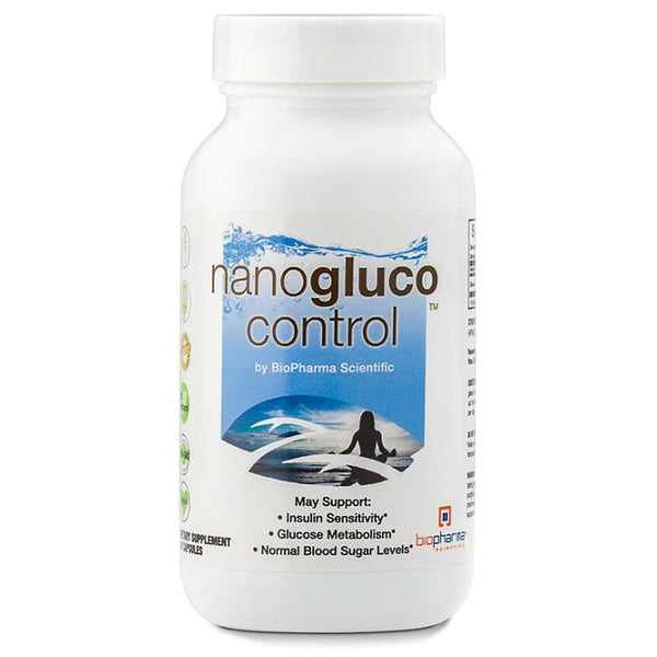 Bottle of nanogluco control supplement on a white background