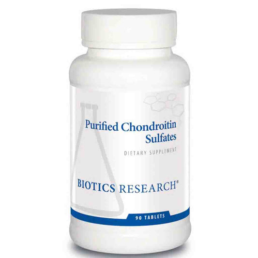 Bottle of Biotics Research Purified Chondroitin Sulfates dietary supplement on a white background