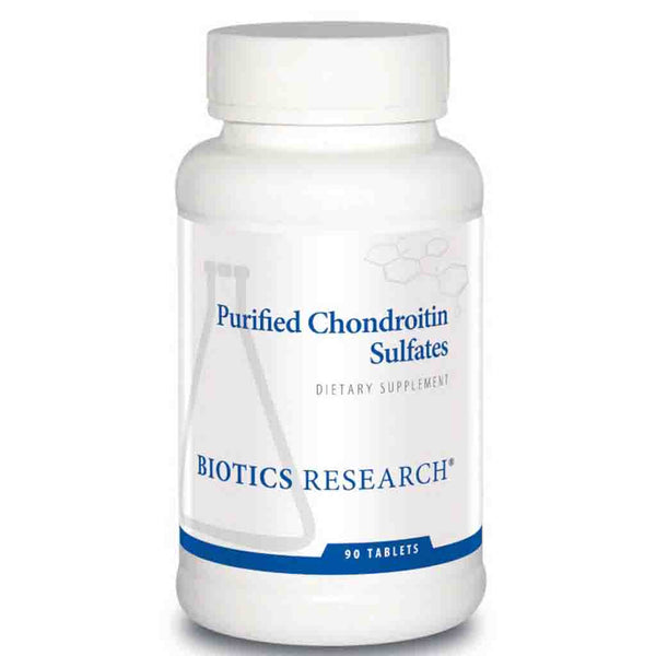 Bottle of Biotics Research Purified Chondroitin Sulfates dietary supplement on a white background