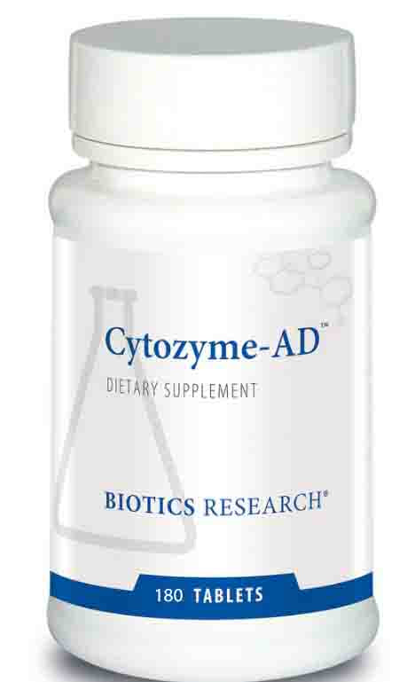 Cytozyme-AD dietary supplement bottle by Biotics Research on a white background