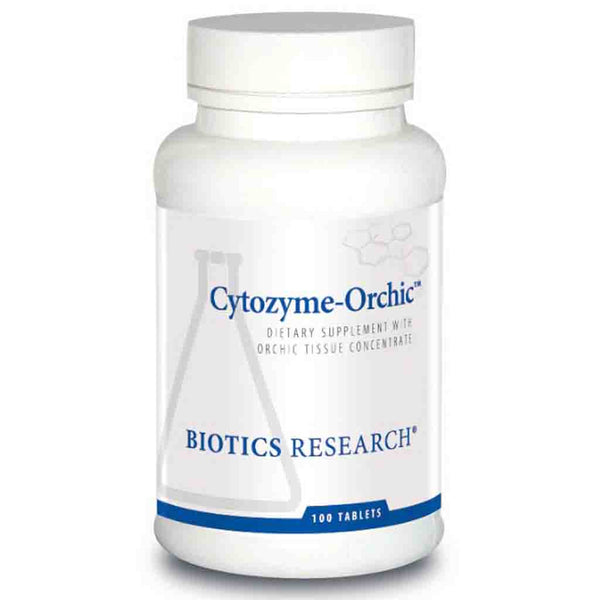 Bottle of Cytozyme-Orchic supplement by Biotics Research on a white background