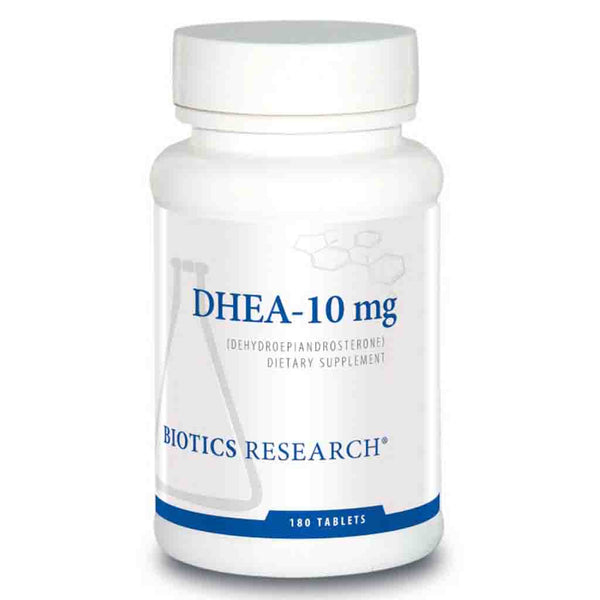 Bottle of Biotics Research DHEA-10 mg dietary supplement on a white background