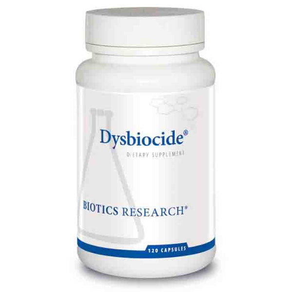 Bottle of Dysbiocide dietary supplement by Biotics Research on a white background