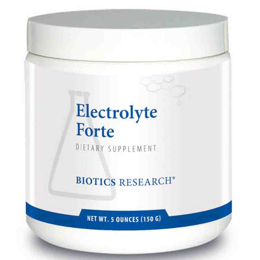 Container of Electrolyte Forte dietary supplement by Biotics Research on a white background