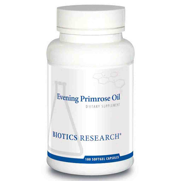 Bottle of Biotics Research Evening Primrose Oil dietary supplement on a white background