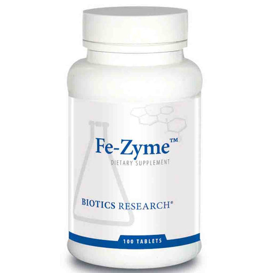 Fe-Zyme dietary supplement bottle from Biotics Research on a white background