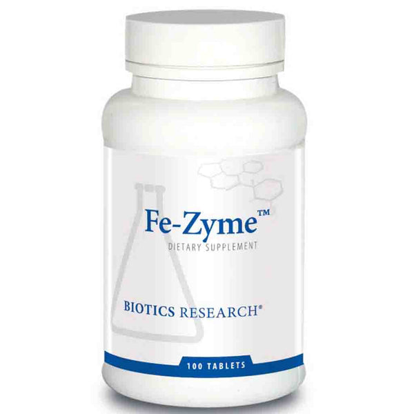 Fe-Zyme dietary supplement bottle from Biotics Research on a white background