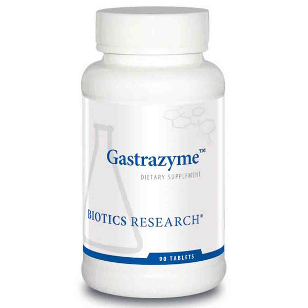 Gastrazyme dietary supplement bottle by Biotics Research on a white background