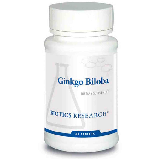 Bottle of Ginkgo Biloba supplement by Biotics Research on a white background