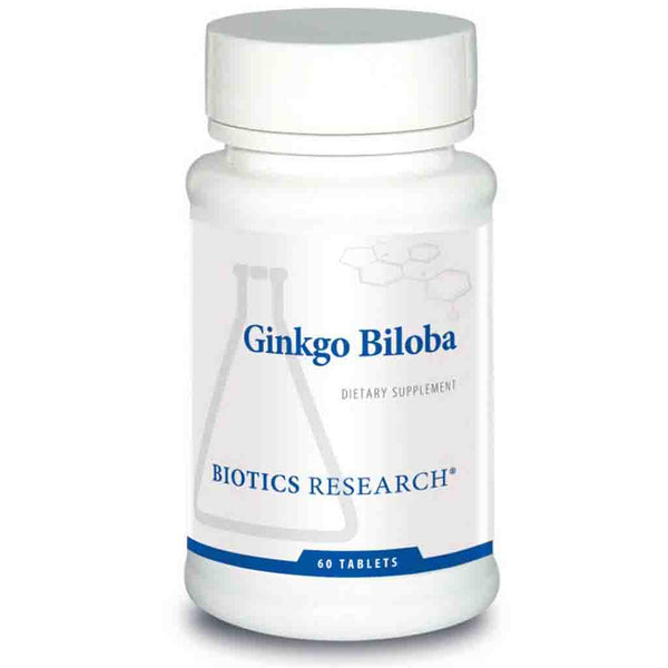 Bottle of Ginkgo Biloba supplement by Biotics Research on a white background