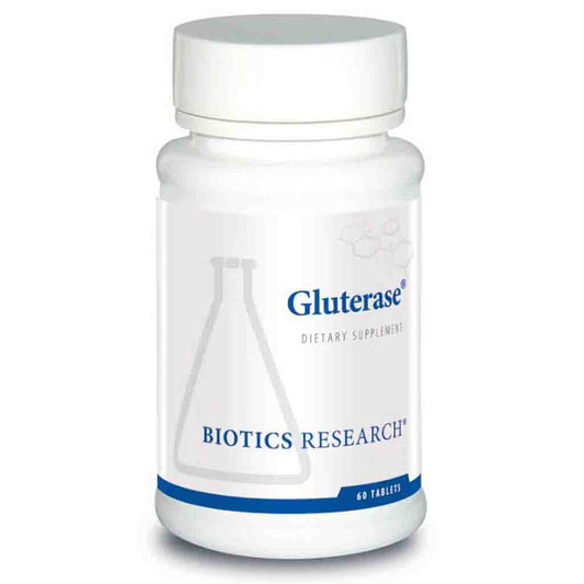 Gluterase dietary supplement bottle by Biotics Research on a white background