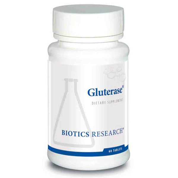Gluterase dietary supplement bottle by Biotics Research on a white background