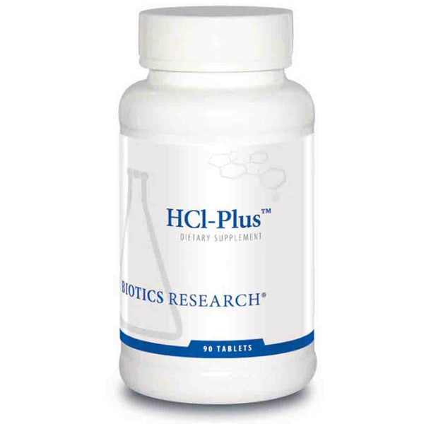 Supplement bottle labeled 'HCl-Plus' by 'Biotics Research' on a white background