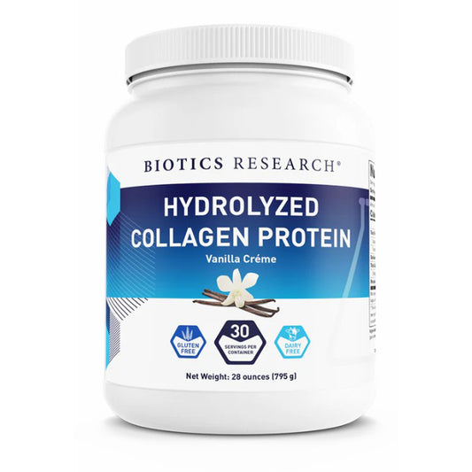 Biotics Research Hydrolyzed Collagen Protein container with vanilla crème flavor on a white background