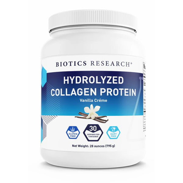 Biotics Research Hydrolyzed Collagen Protein container with vanilla crème flavor on a white background