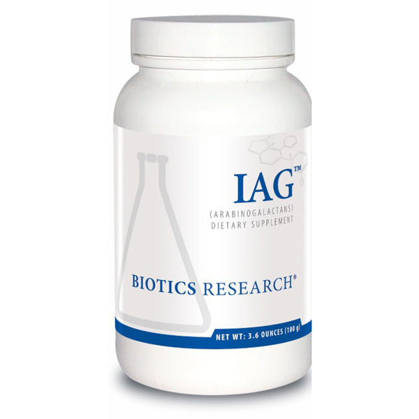 Supplement bottle labeled 'IAG' by Biotics Research on a white background