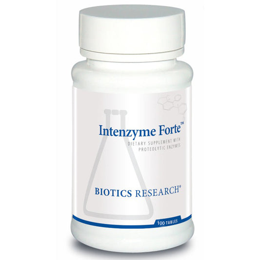 Bottle of Intenzyme Forte dietary supplement by Biotics Research on a white background