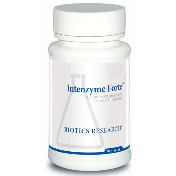 Bottle of Intenzyme Forte dietary supplement by Biotics Research on a white background