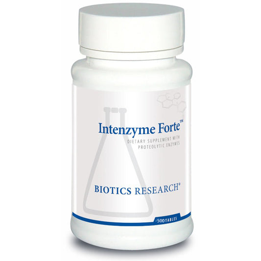 Intenzyme Forte dietary supplement bottle by Biotics Research on a white background