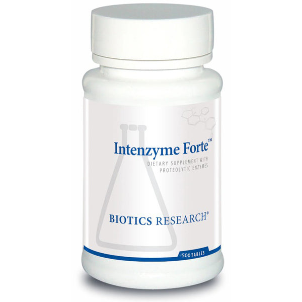 Intenzyme Forte dietary supplement bottle by Biotics Research on a white background