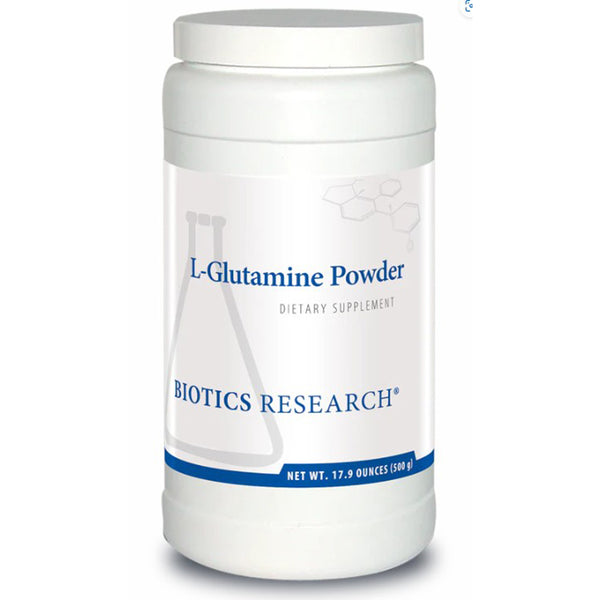 Biotics Research L-Glutamine Powder container on a white background