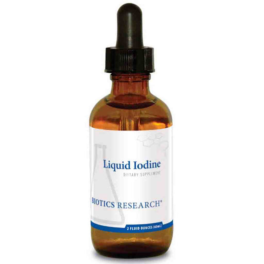 Bottle of Liquid Iodine by Biotics Research on a white background