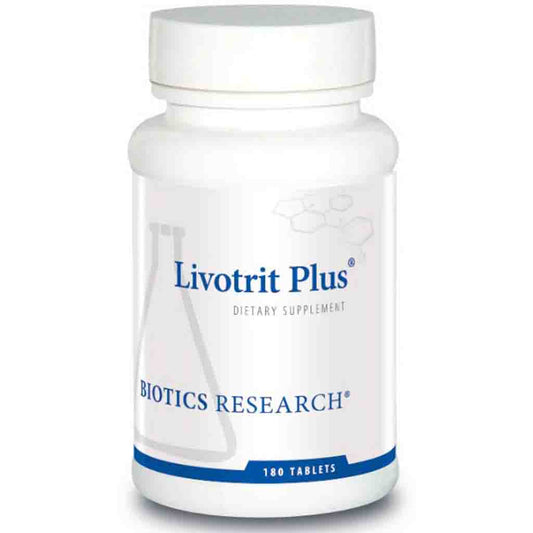 Bottle of Livotrit Plus dietary supplement by Biotics Research on a white background