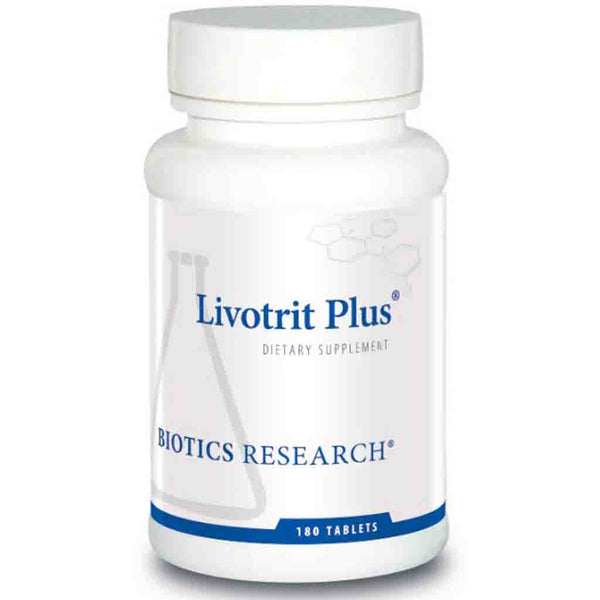 Bottle of Livotrit Plus dietary supplement by Biotics Research on a white background