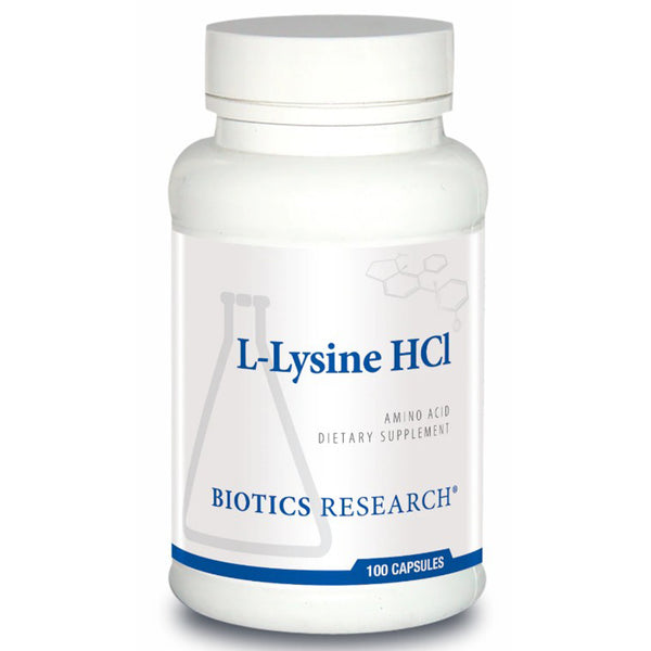 Bottle of L-Lysine HCL dietary supplement by Biotics Research on a white background