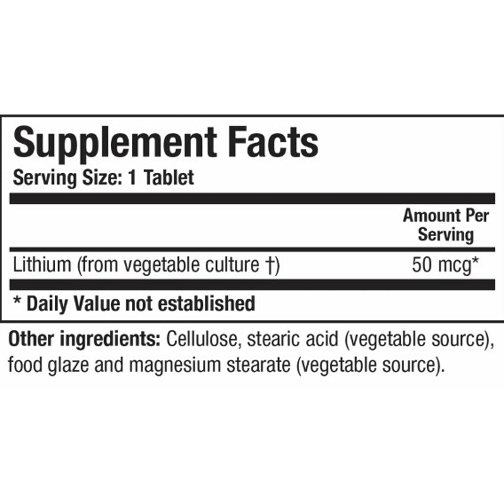 Supplement facts label with lithium content and other ingredients on a white background