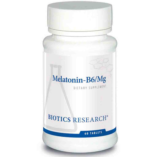 Bottle of Melatonin-B6/Mg dietary supplement by Biotics Research on a white background