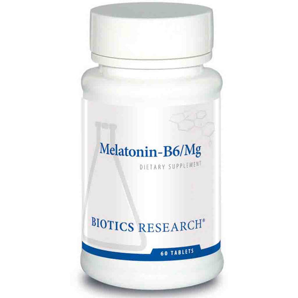 Bottle of Melatonin-B6/Mg dietary supplement by Biotics Research on a white background