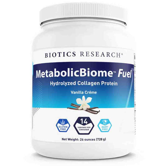 Biotics Research MetabolicBiome Fuel collagen protein powder container on a white background