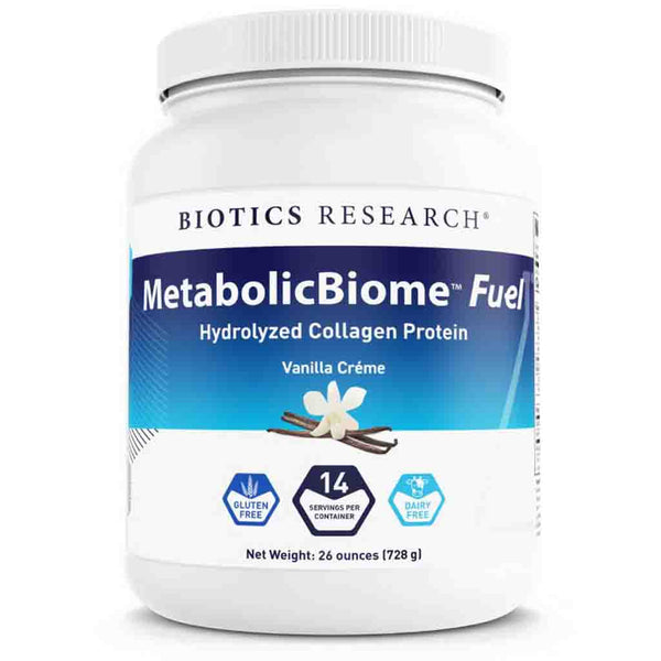 Biotics Research MetabolicBiome Fuel collagen protein powder container on a white background