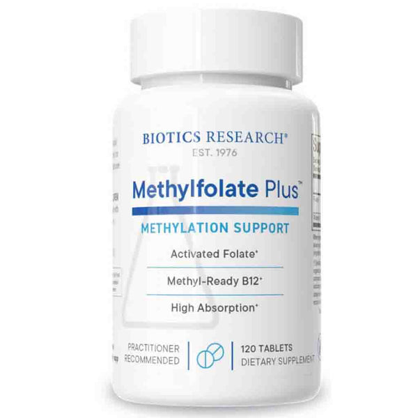Biotics Research Methylfolate Plus supplement bottle on a white background