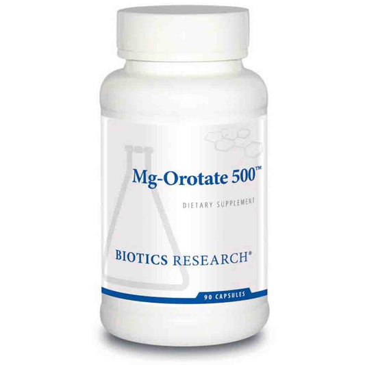 Biotics Research Mg-Orotate 500 dietary supplement bottle on a white background