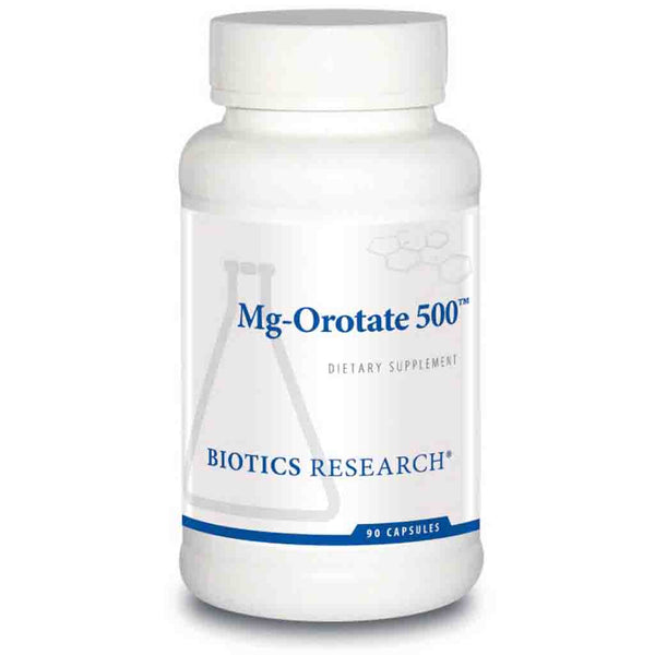 Biotics Research Mg-Orotate 500 dietary supplement bottle on a white background
