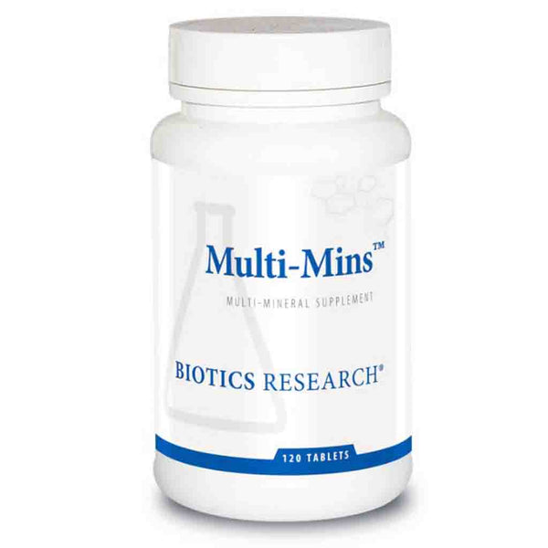 Bottle of Multi-Mins supplement by Biotics Research on a white background