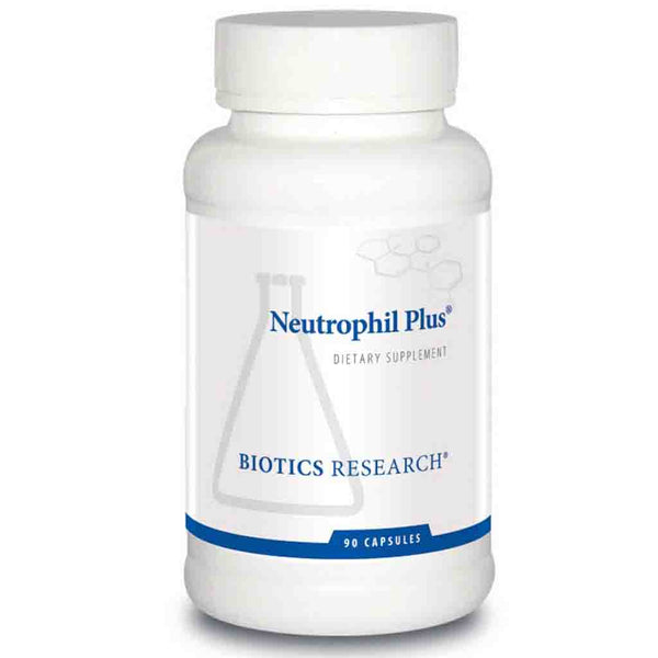 Bottle of Neutrophil Plus dietary supplement by Biotics Research on a white background