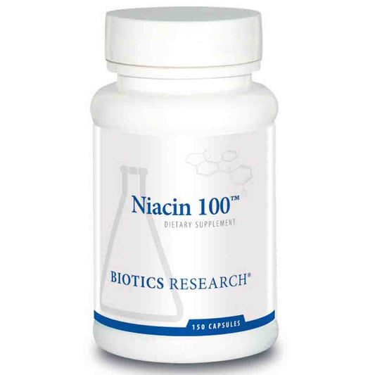 Bottle of Niacin 100 dietary supplement by Biotics Research on a white background