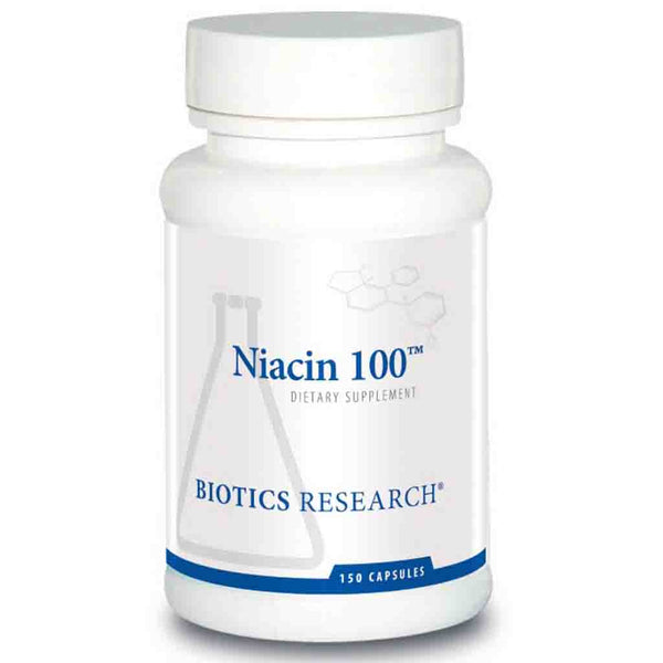 Bottle of Niacin 100 dietary supplement by Biotics Research on a white background