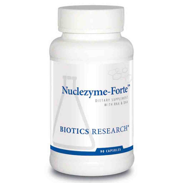 Nuclezyme-Forte supplement bottle by Biotics Research on a white background