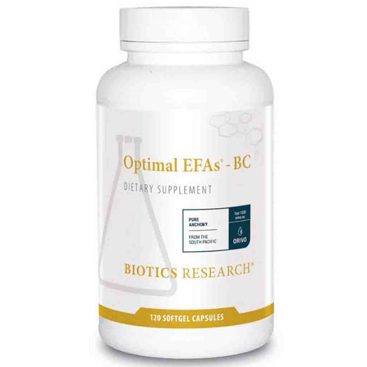 Supplement bottle labeled 'Optimal EFAs - BC' by Biotics Research on a white background